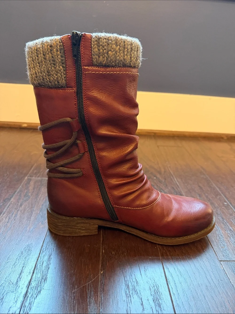 Remonte Red Leather Mid-Calf Boot with Gray Knit Cuff